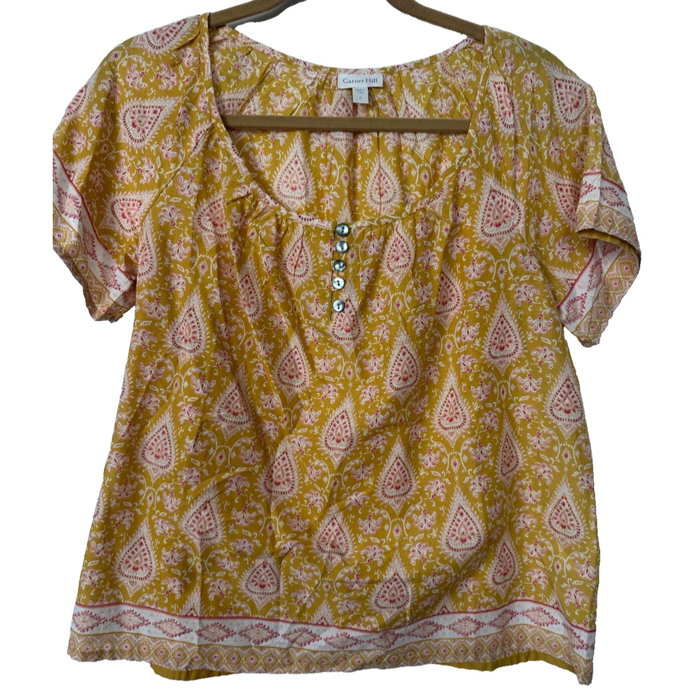 Garnet Hill Golden Paisley Short Sleeve Top Organic Cotton Sz 2 Lightweight A56